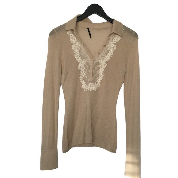 Elie Tahari V-neck Beige Long Sleeve Sweater - Picture 2 of 11